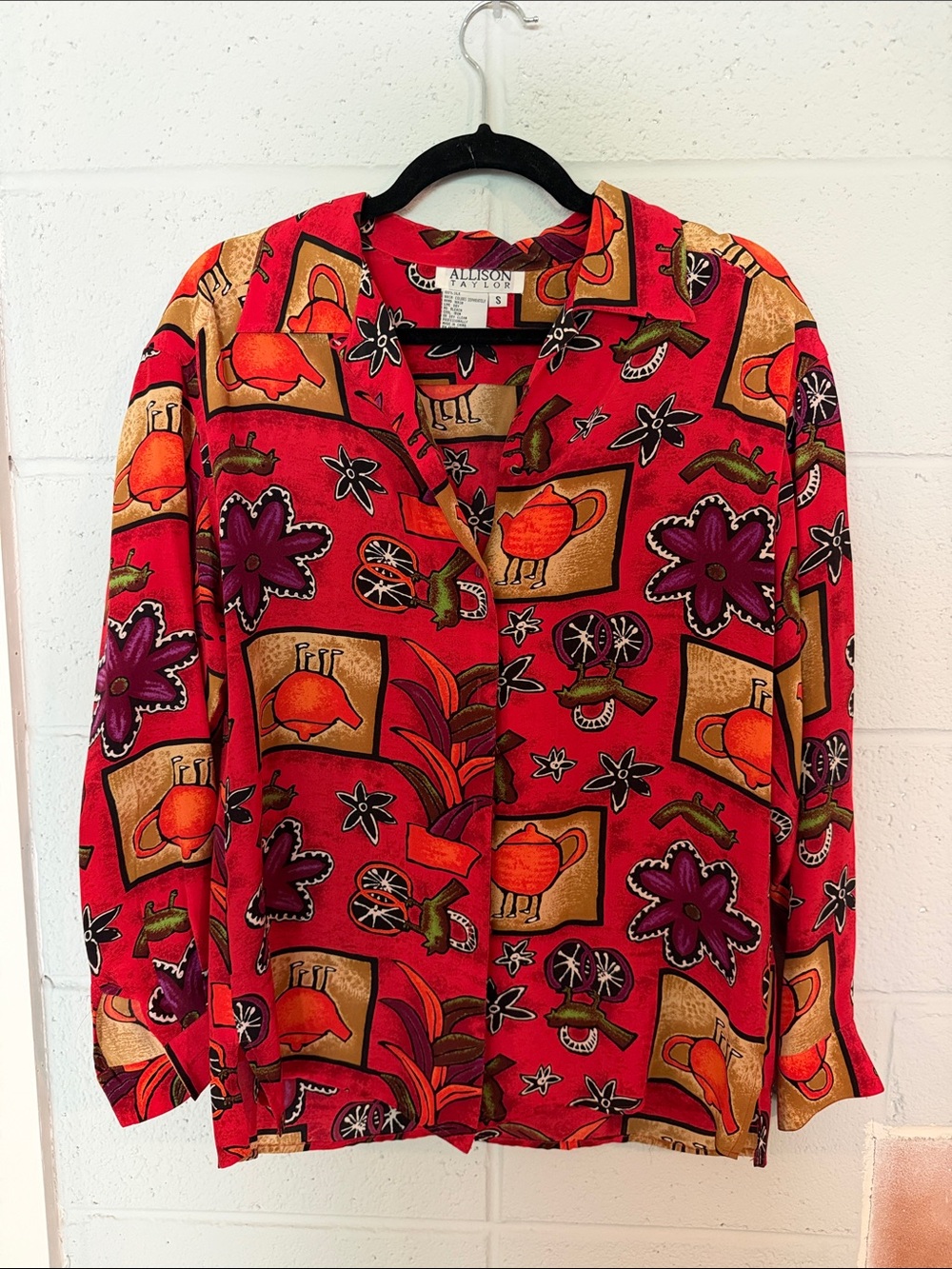 Vintage Allison Taylor Red Silk Button-Up Shirt with Multicolor Motif